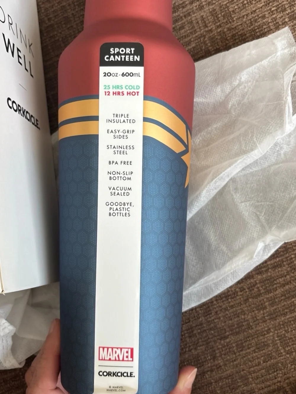 Corkcicle Captain Marvel Insulated Bottle - Red, Blue, Gold - Picture 2 of 4